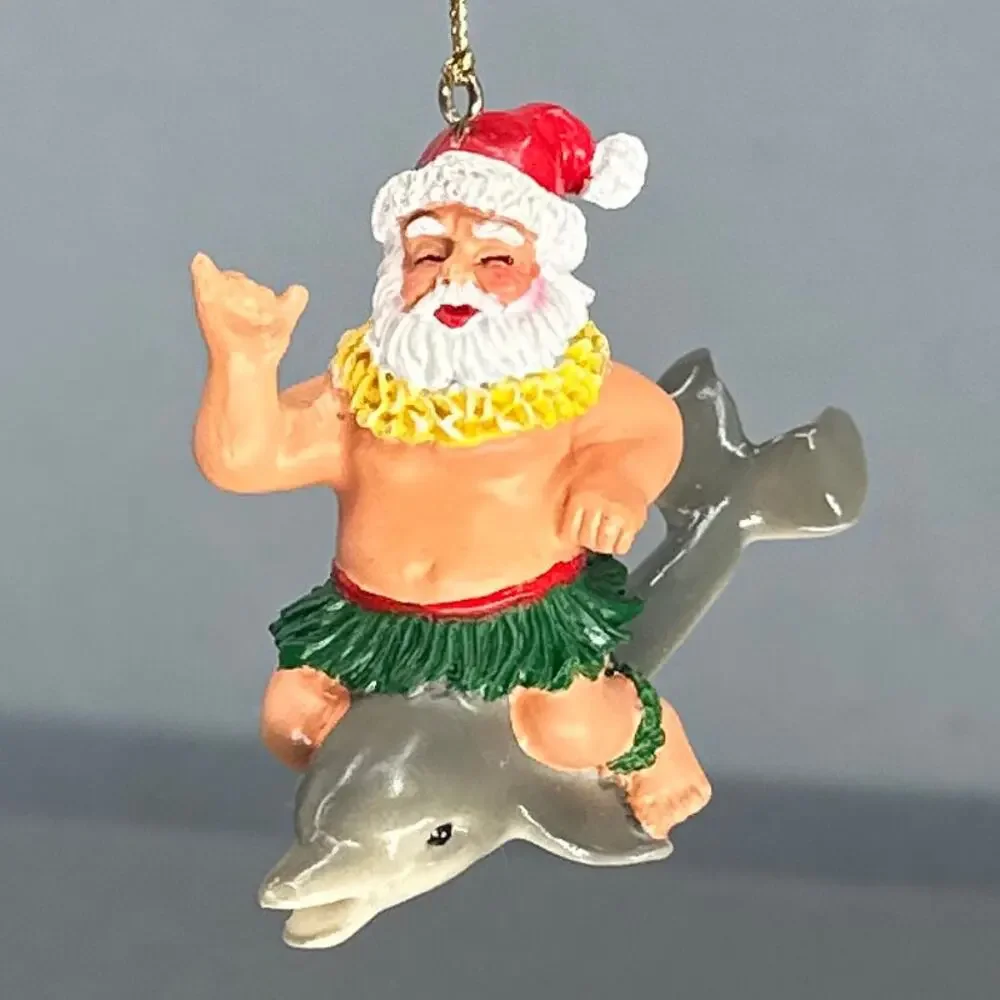 VTG 1991 Hallmark Quinn Surfing Dolphin & Fishing Santa Ornaments Lot 2 Kitschy
